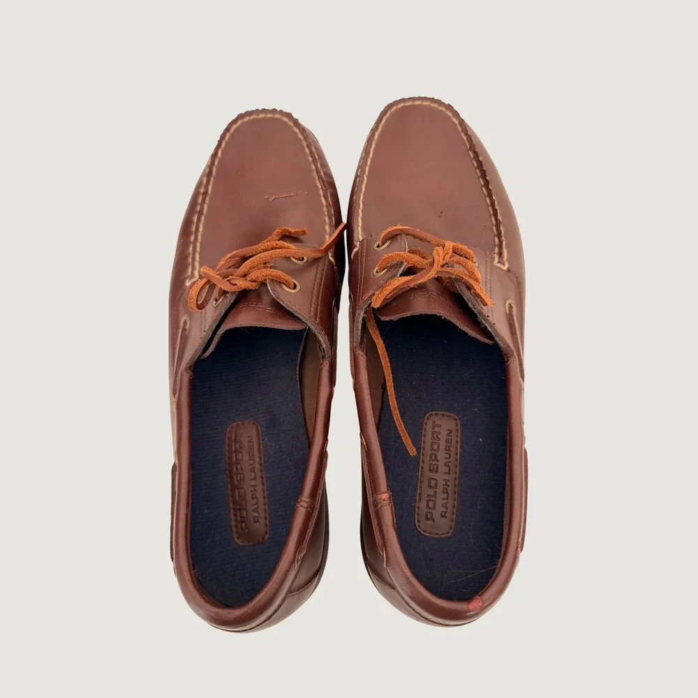 Vintage 90s Polo Sport Ralph Lauren Mens Brown Leather Boat Shoes Loafers 9.5